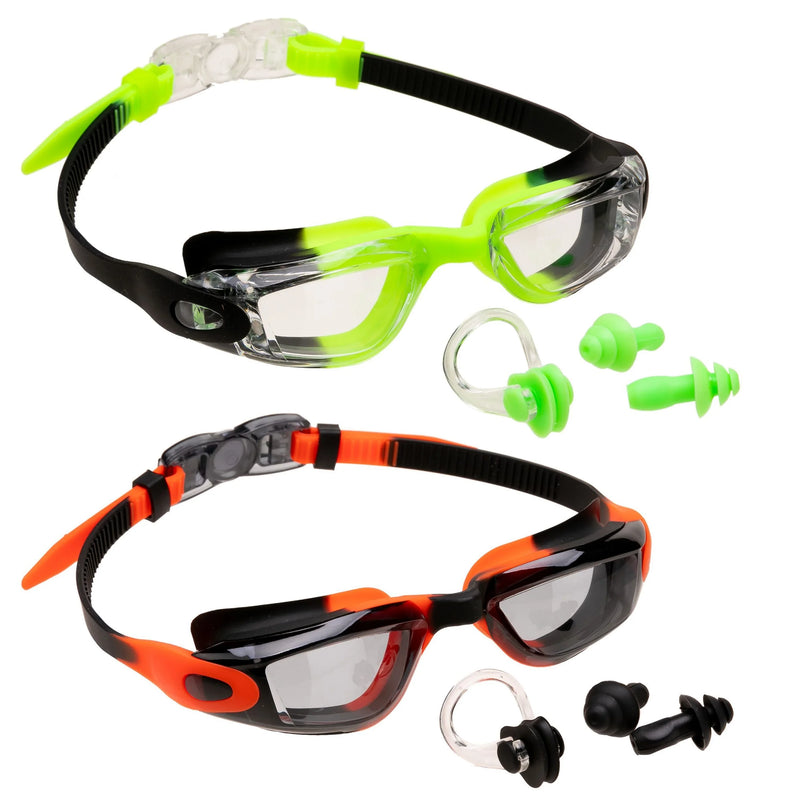 2 Pack Kids Swimming Goggles (Red Black & Green Black)