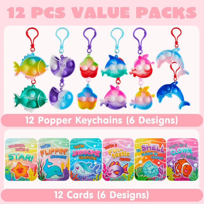12Pcs Kids Valentines Cards with Sea Animal push bubble Keychain-Classroom Exchange Gifts