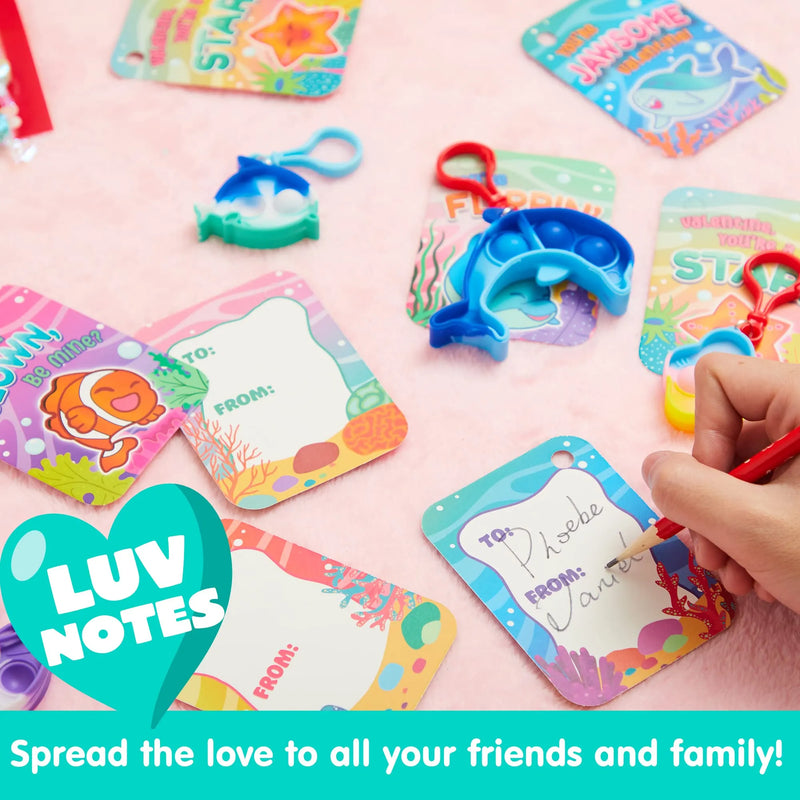 12Pcs Kids Valentines Cards with Sea Animal push bubble Keychain-Classroom Exchange Gifts