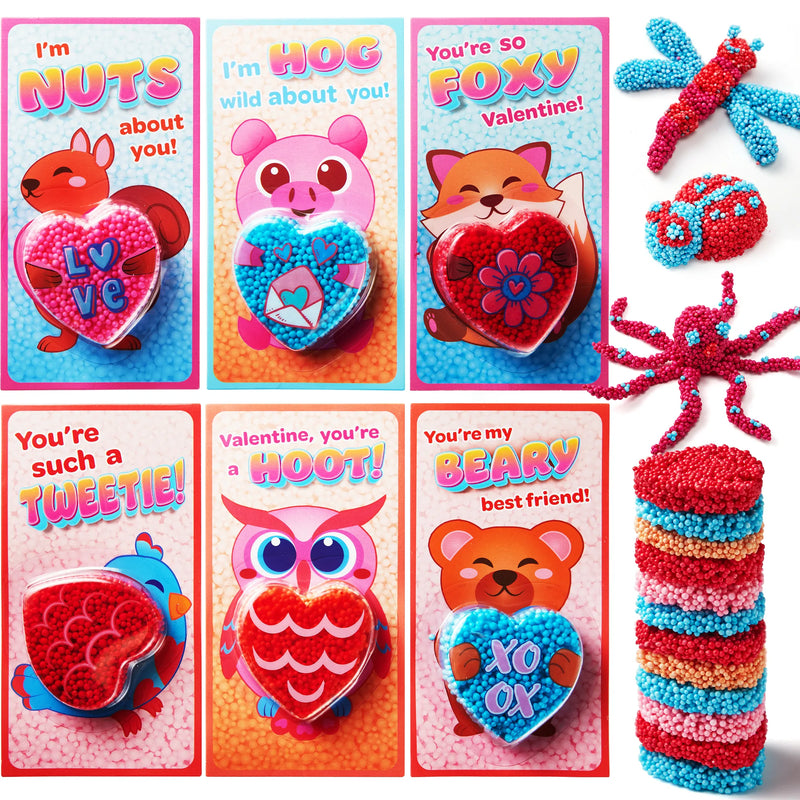 12Pcs Play Foam Animal shape theme with Valentines Day Cards for Kids-Classroom Exchange Gifts