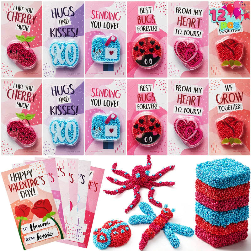 12Pcs Valentines Day Play Modeling Squashy Bead Foam with Valentines Day Cards for Kids-Classroom Exchange Gifts