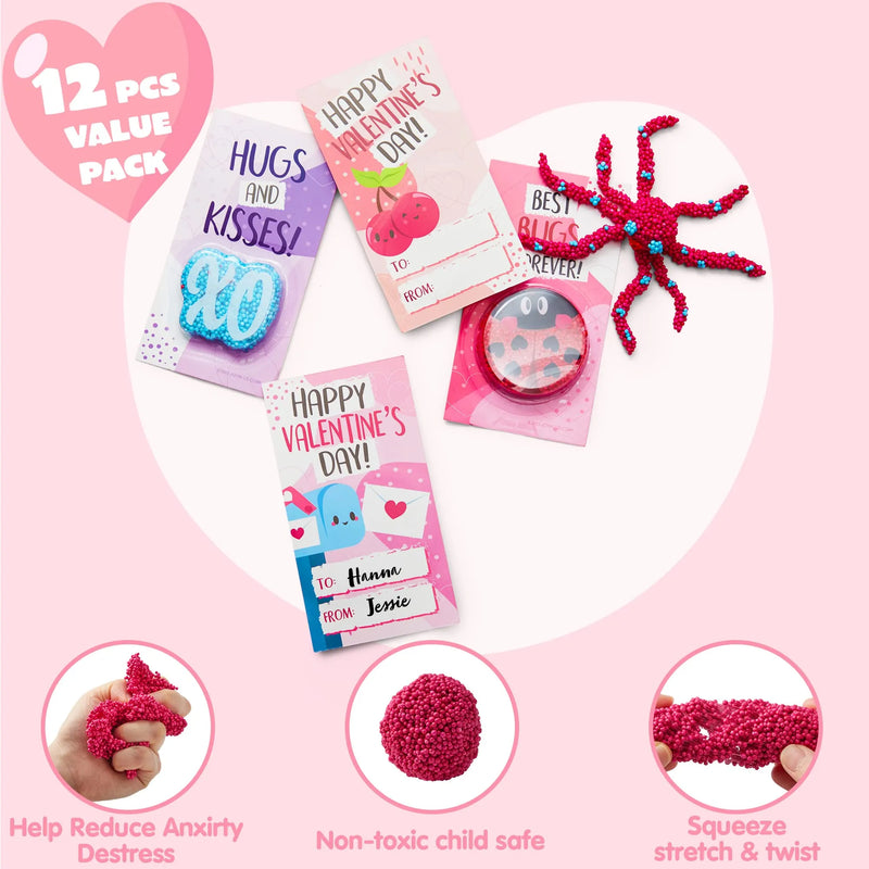 12Pcs Valentines Day Play Modeling Squashy Bead Foam with Valentines Day Cards for Kids-Classroom Exchange Gifts