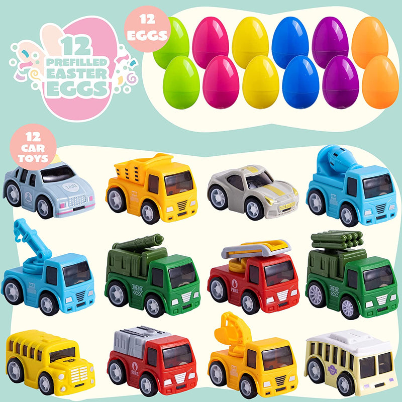 12Pcs 3in Pull Back Cars Prefilled Easter Eggs