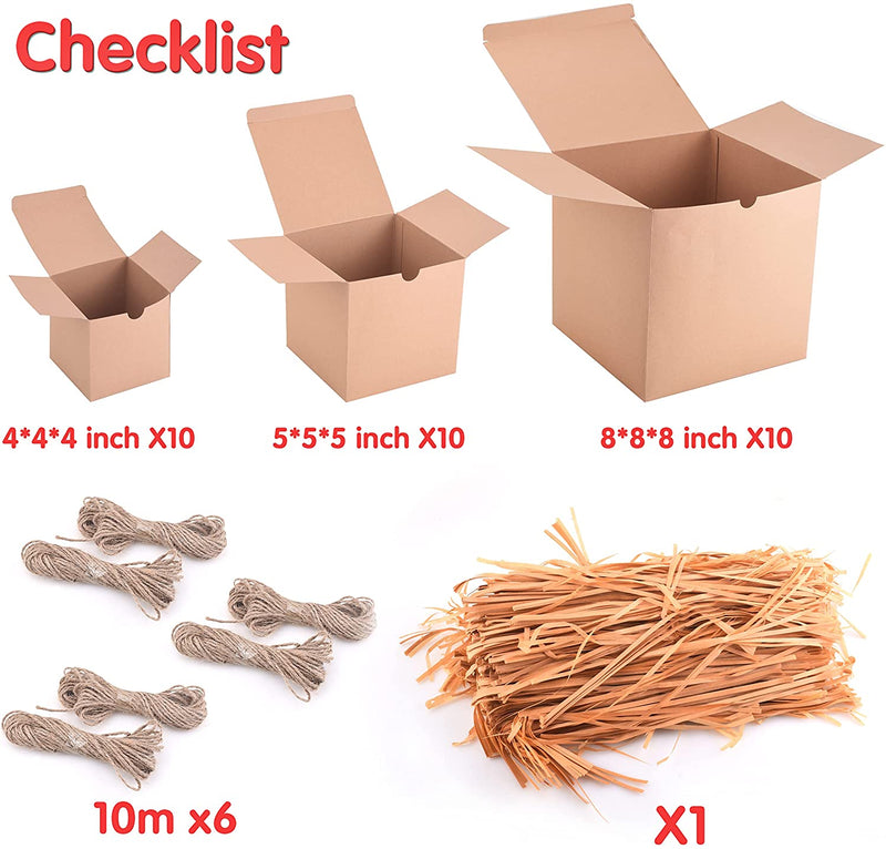 Assorted Kraft paper Set of Boxes with Twines Grass 3 Size Twines Grass, 30 Pcs