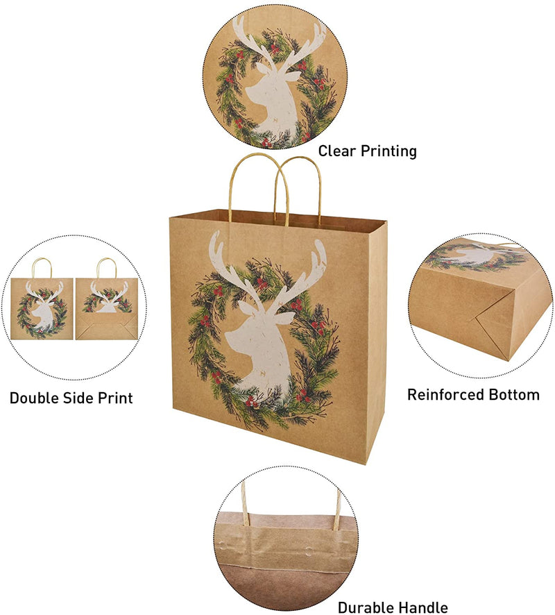 Large Pack Christmas Kraft Paper Bags with 8 Generic Vintage Drawstring, 24 Pcs