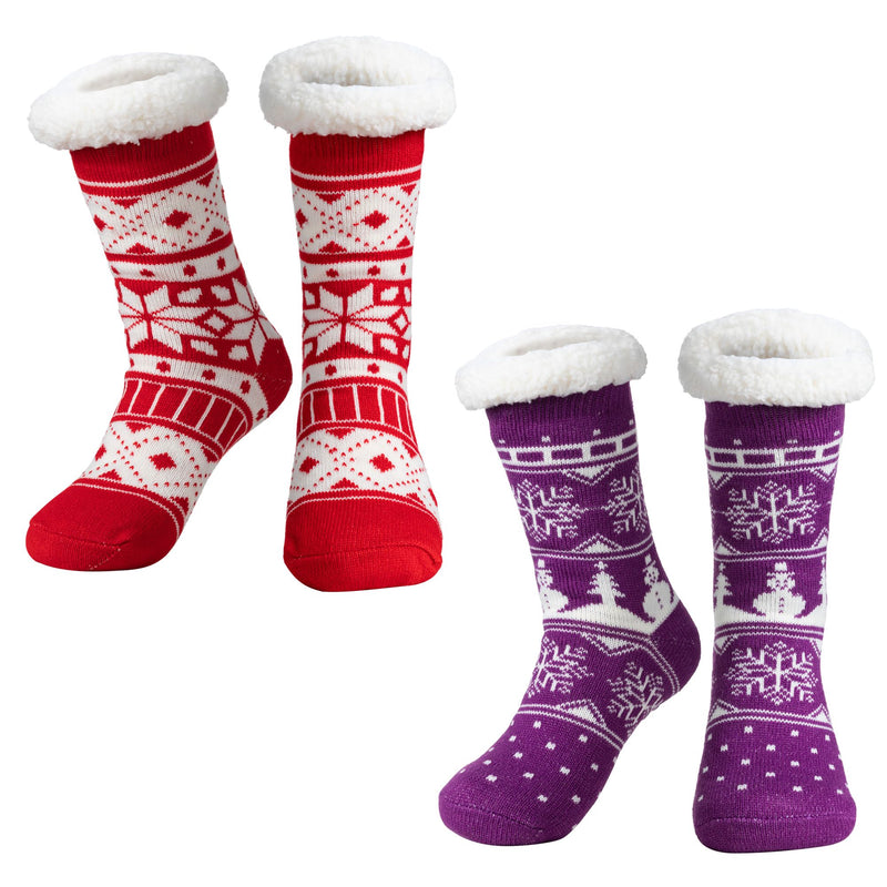 Christmas Fuzzy Ripple Slipper Socks Red and Purple, 2 Pack