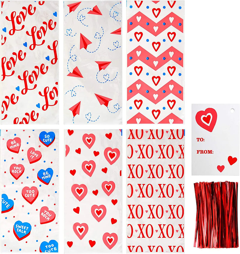 150Pcs Valentines Long Cellophane Bags with Little Gift Cards