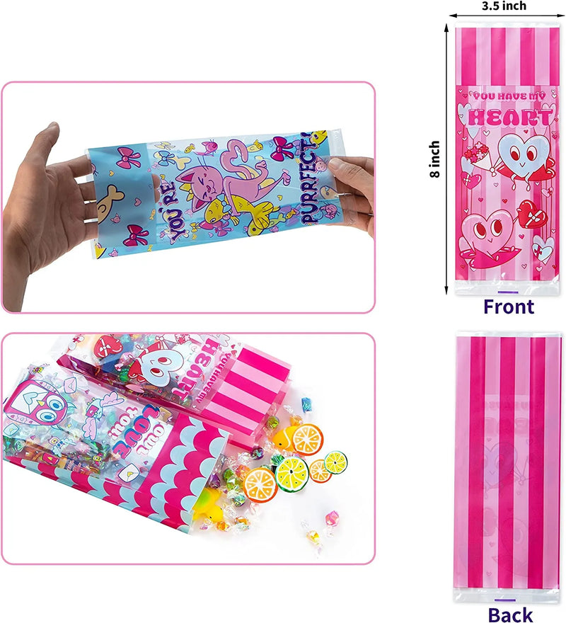 150Pcs Valentines Day Cellophane Gift Bag with Window Designs
