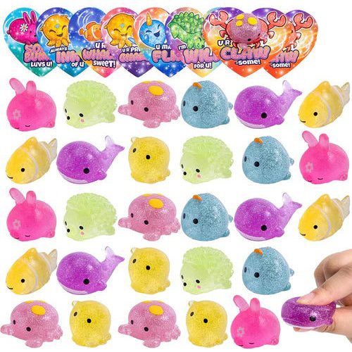 28Pcs Glitter Mochi Toys with Kids Valentines Cards for Classroom Exchange