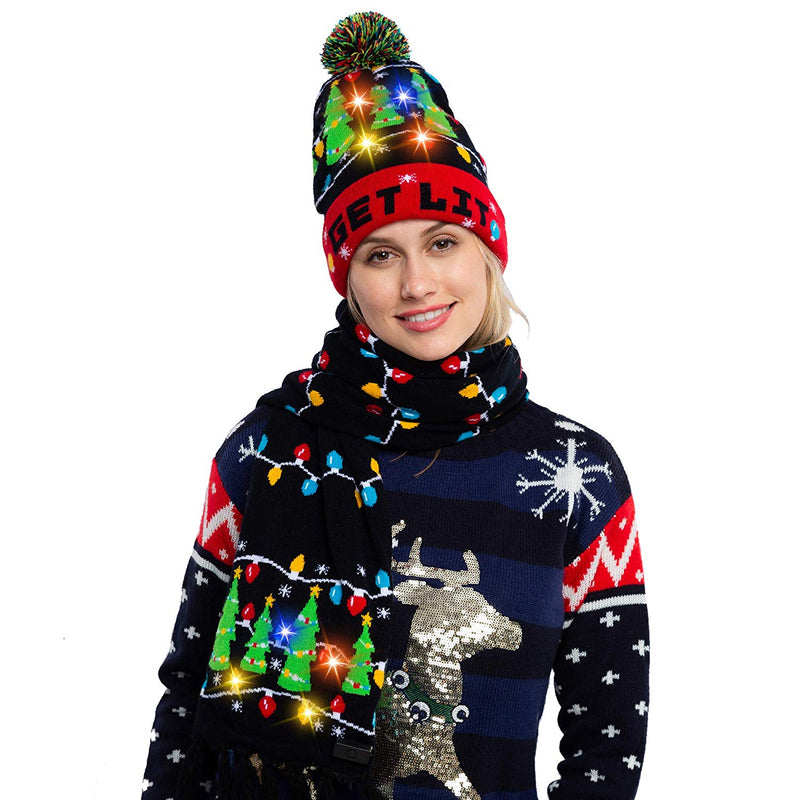 2 Piece Christmas Tree Lit-up Beanie and Scarf