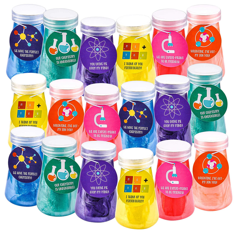 18Pcs Science Themed Slime Beakers with Valentines Day Cards for Kids-Classroom Exchange Gifts
