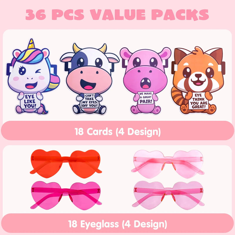 18Pcs Kids Valentines Cards with Heart Shaped Glasses-Classroom Exchange Gifts
