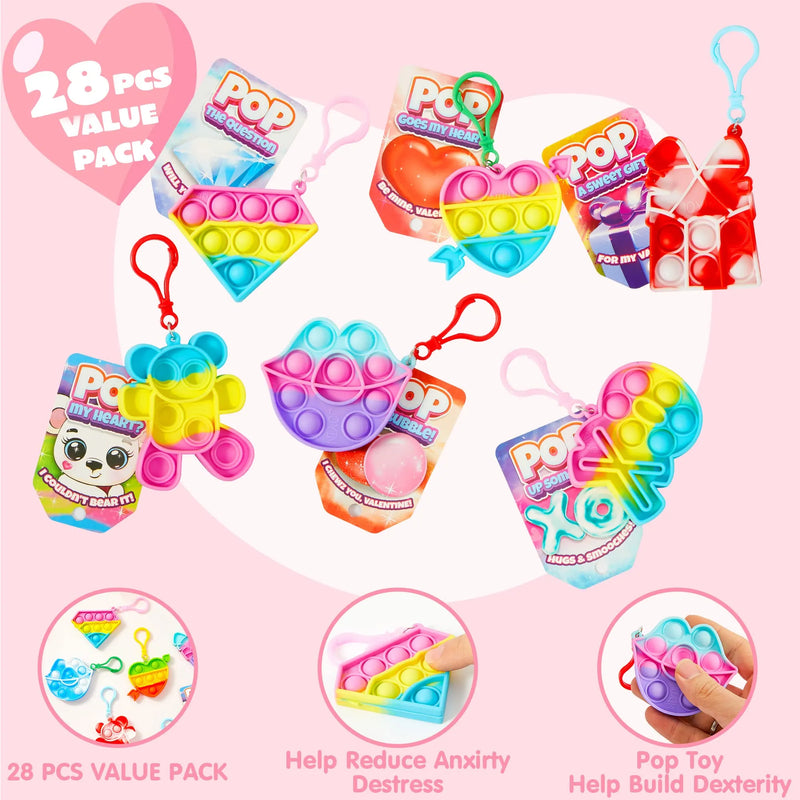 18Pcs Kids Valentines Cards with push bubble Bubble Keychain Toy-Classroom Exchange Gifts