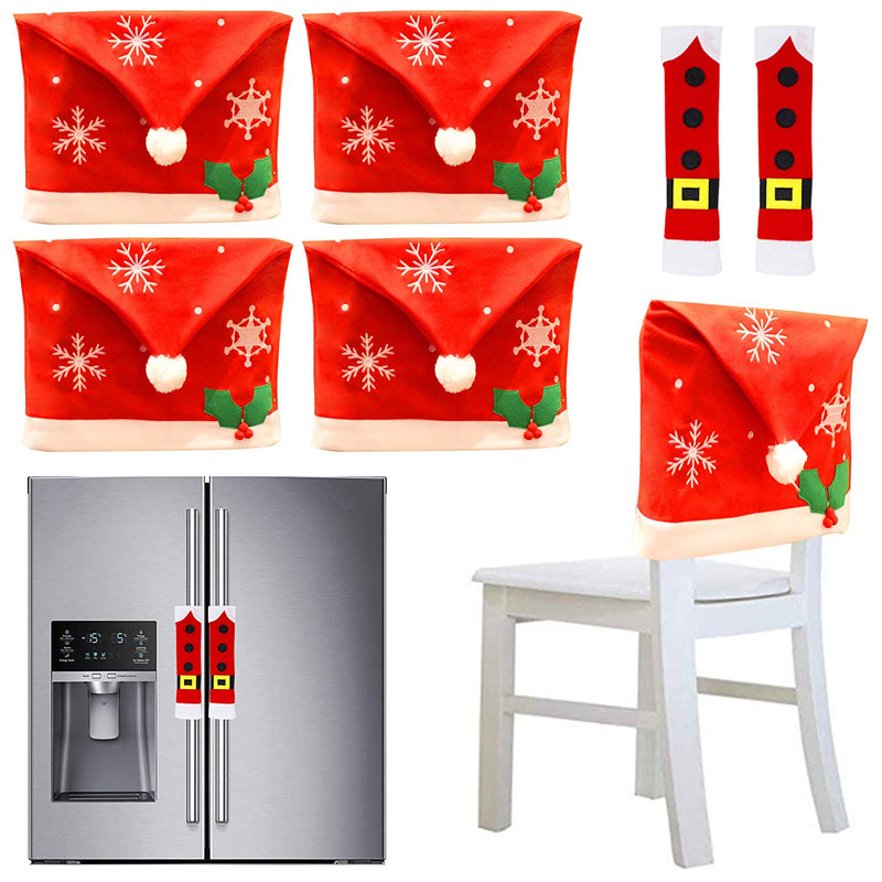 4 Pcs Christmas Dining Chair Slipcovers with 2Pcs Handle Door Covers