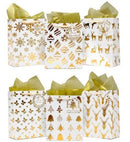 Christmas Holiday Foil Gold Gift Bags With Tissue Papers And Name Card Tags, 12 Pack