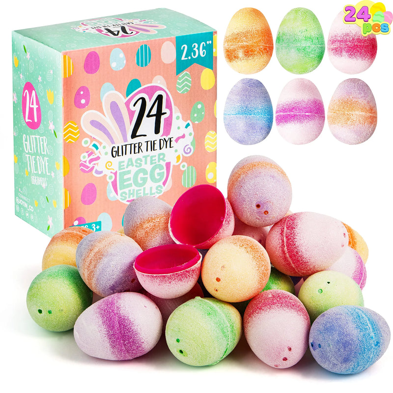 24Pcs Plastic Colorful Glitter Tie Dye Easter Egg Shells 2.36in