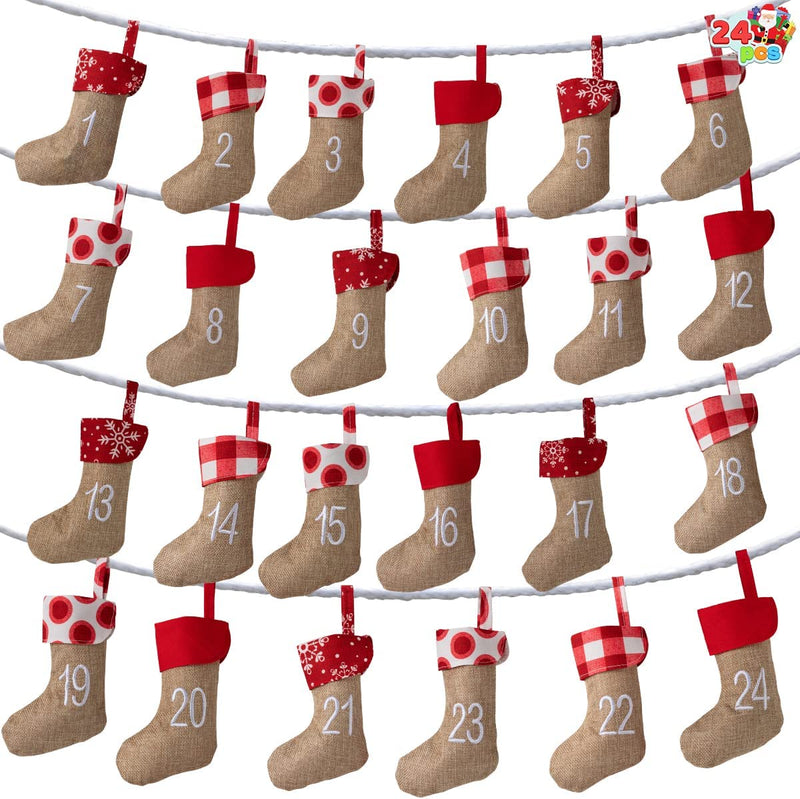 Advent Calendar Linen Christmas Stockings Socks Garland, 24 Pcs