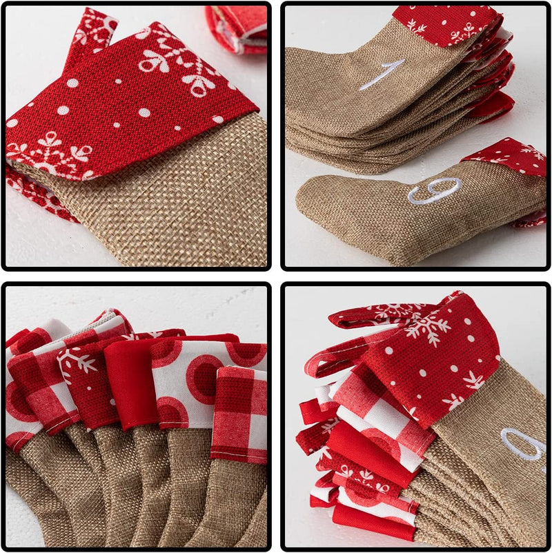 Advent Calendar Linen Christmas Stockings Socks Garland, 24 Pcs