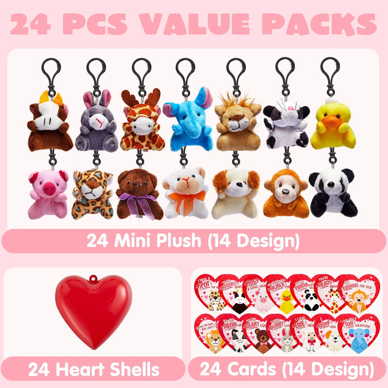24Pcs Animal Plush Toy Key Chain filled Heart Box with Valentines Day