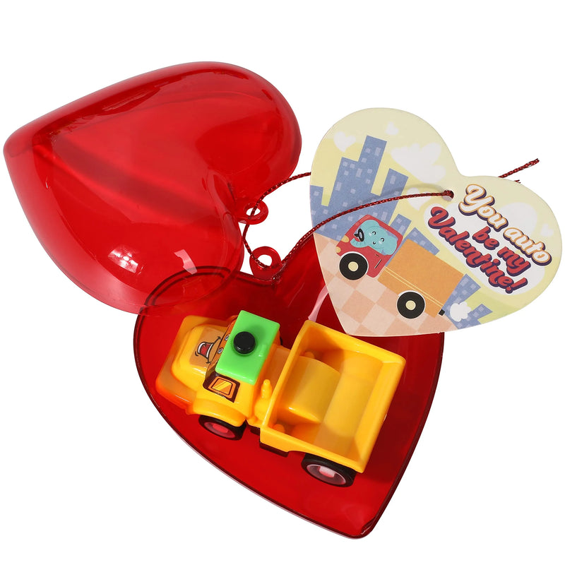 24Pcs Construction Vehicle with Heart Shells with Valentines Day Cards for Kids-Classroom Exchange Gifts