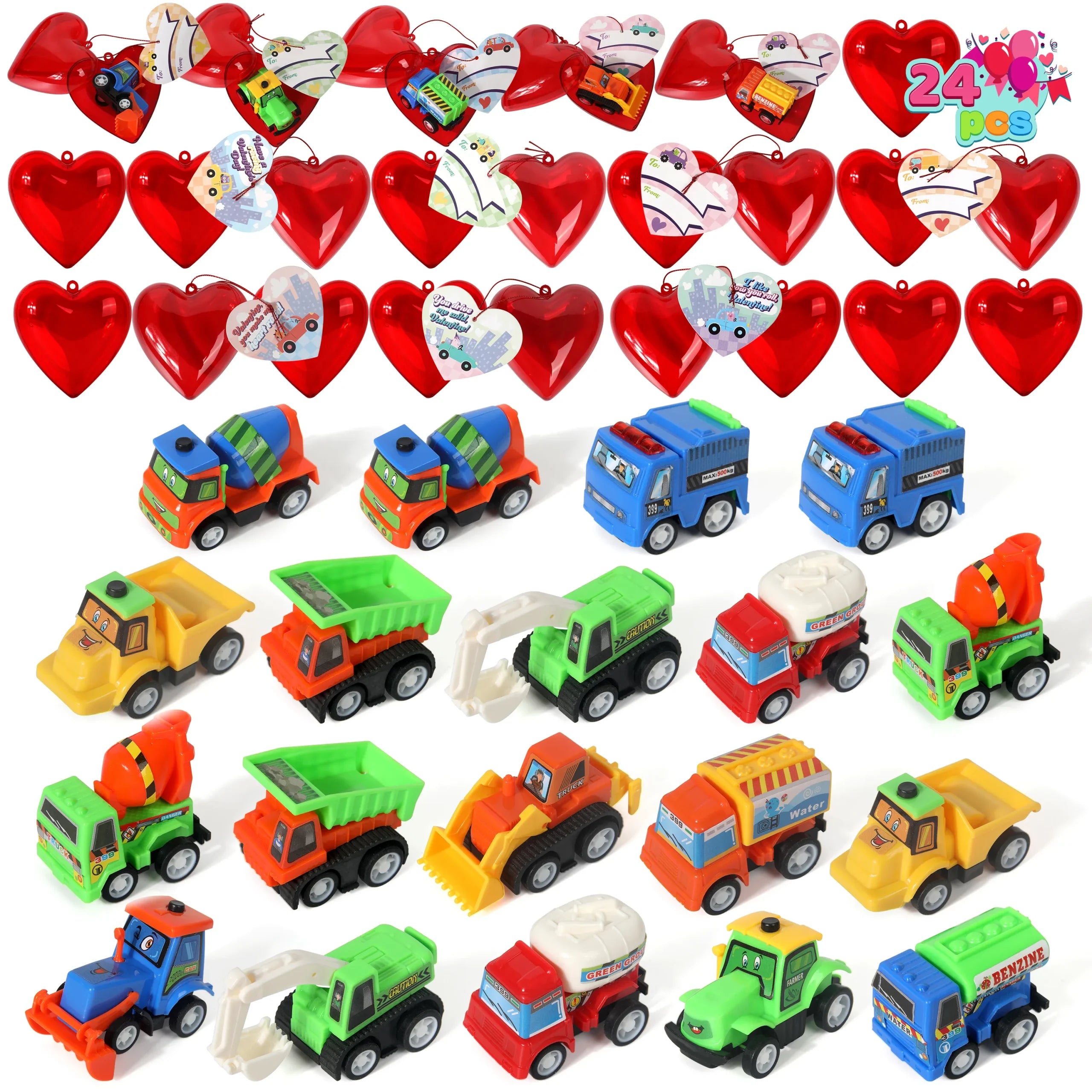 Pull Back Cars and Trucks Toy Set with Heart Shells and Cards, 24 Pack