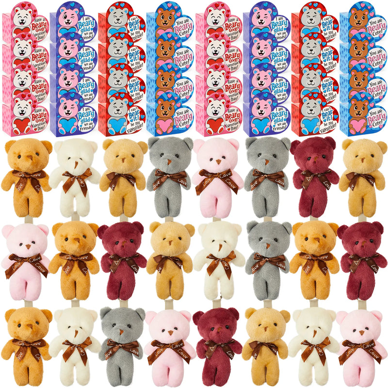 24Pcs Kids Valentines Cards with Mini Keychain Bear Plush Toys in Boxes-Classroom Exchange Gifts