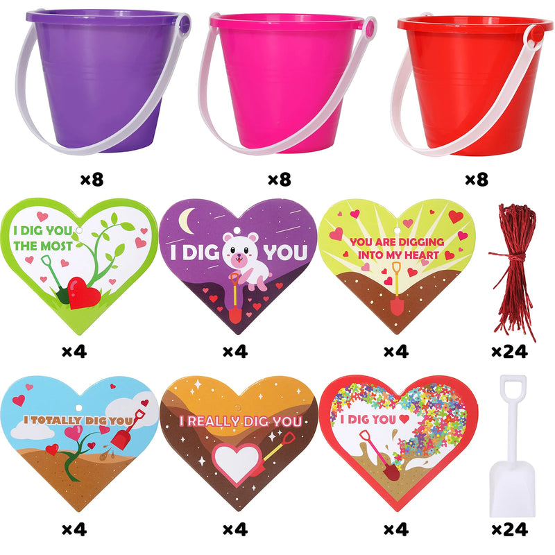 24Pcs Shovels with Buckets and Valentines Day Cards for Kids-Classroom Exchange Gifts