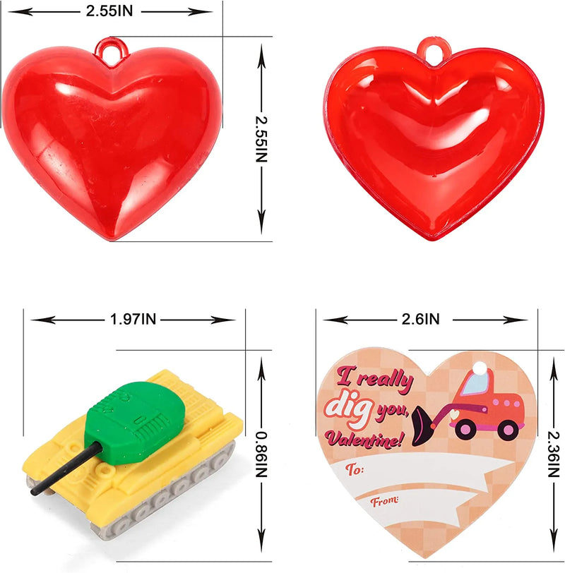 28Pcs Vehicle Eraser Filled Hearts Set with Valentines Day Cards for Kids-Classroom Exchange Gifts
