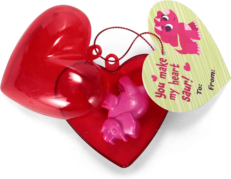 28Pcs Prefilled Hearts with Dinosaur Crayons and Valentines Day Cards for Kids-Classroom Exchange Gifts