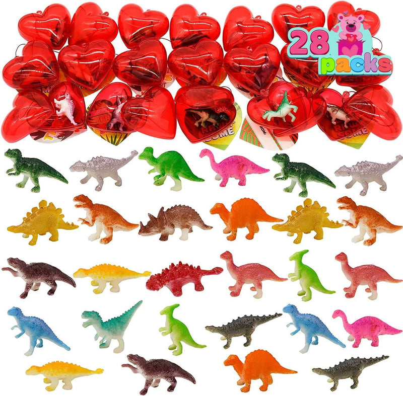 28Pcs Dinosaur Figure Filled Hearts Set with Valentines Day Cards for Kids-Classroom Exchange Gifts