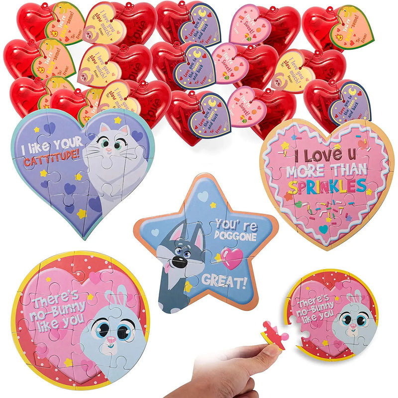 28Pcs Prefilled Hearts with Jigsaw Puzzles and Valentines Day Cards for Kids-Classroom Exchange Gifts