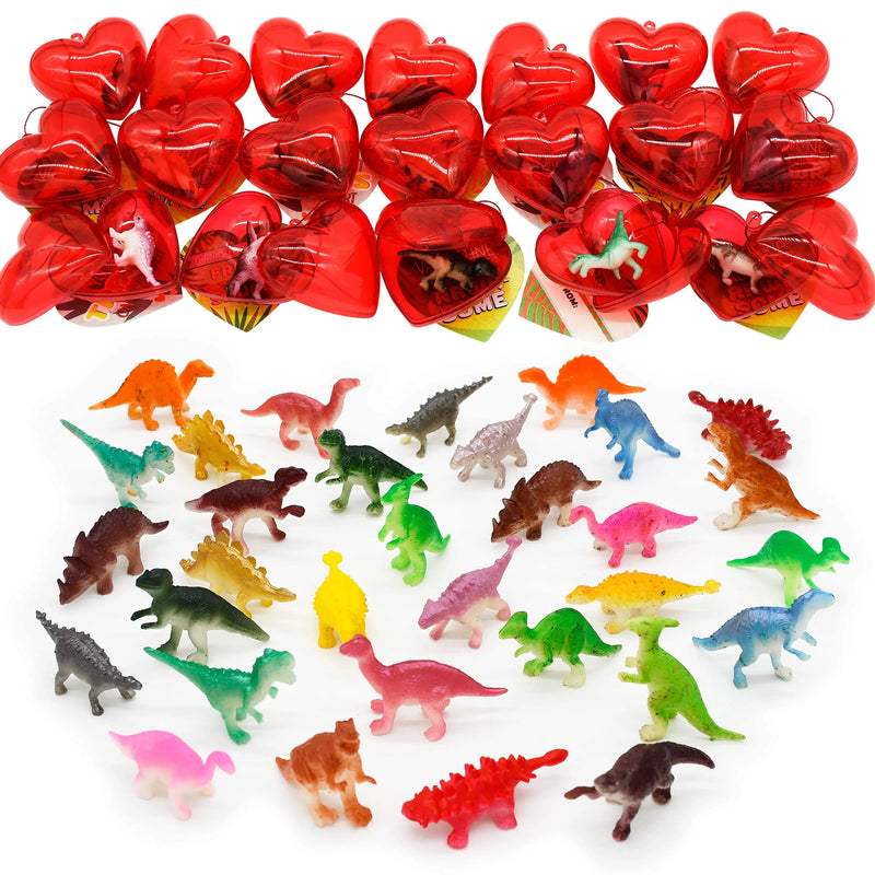 28Pcs Dinosaur Figure Filled Hearts Set with Valentines Day Cards for Kids-Classroom Exchange Gifts