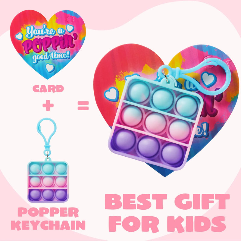 28PCS Valentines Cards with Push Bubble Toys Keychain-Classroom Exchange Gifts