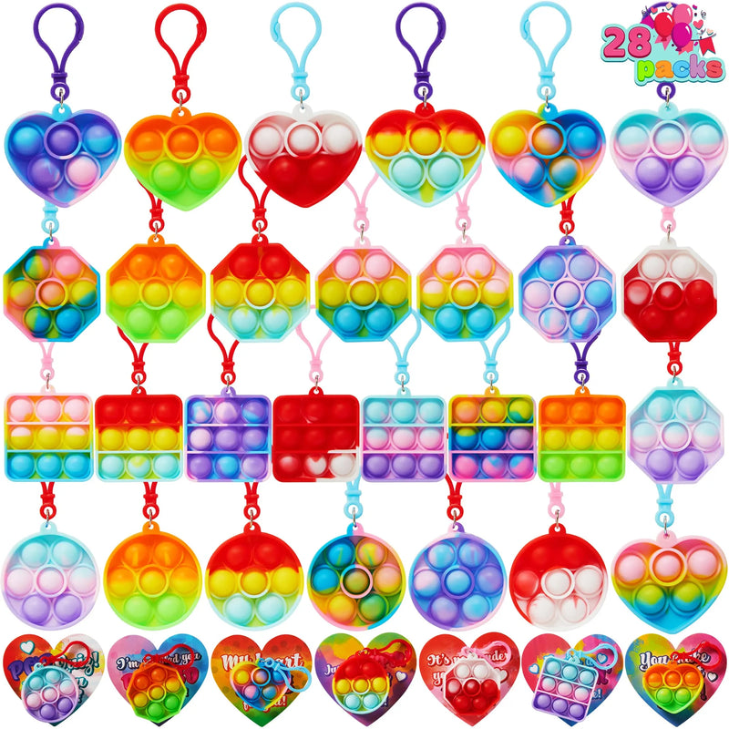 28PCS Valentines Cards with Push Bubble Toys Keychain-Classroom Exchange Gifts