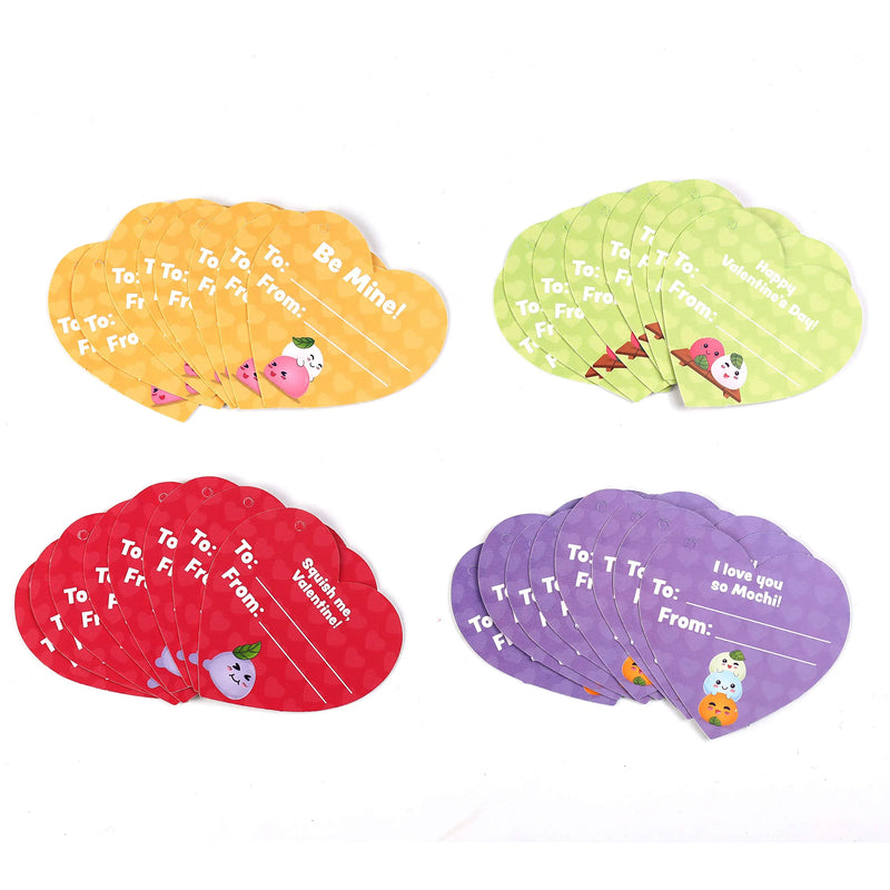 28Pcs Mochi Squishy Toys Prefilled Hearts with Kids Valentines Cards