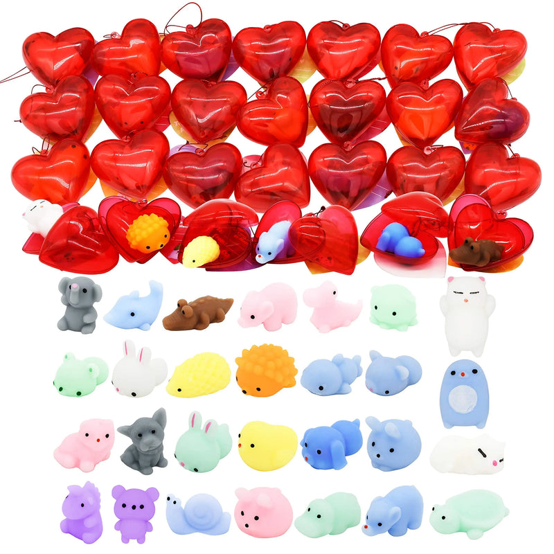 28Pcs Squishies Toys Prefilled Hearts with Valentines Day Cards for Kids-Classroom Exchange Gifts