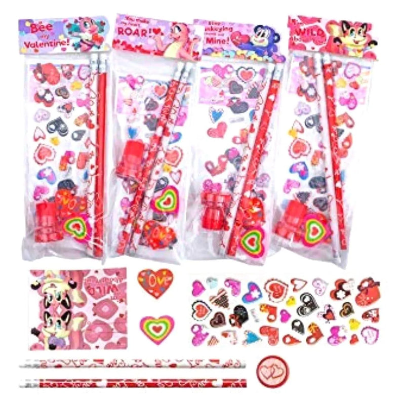 28pcs Kids Valentines Cards with Assorted Stationery in Bags-Classroom Exchange Gift