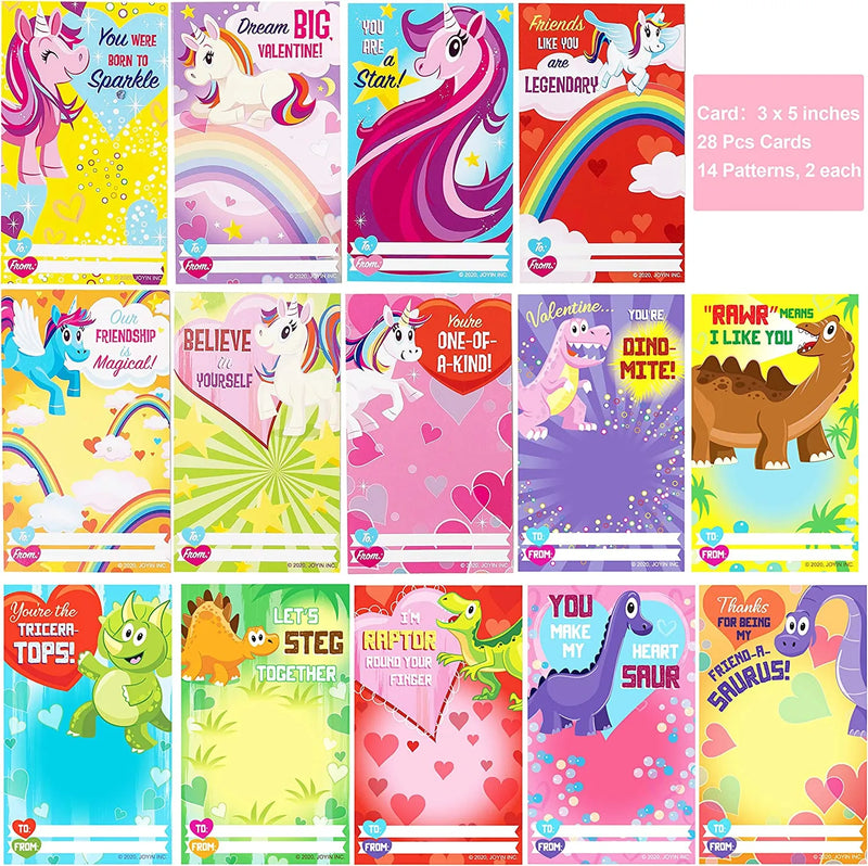28Pcs Dinosaur And Unicorn with Valentines Day Cards for Kids-Classroom Exchange Gifts