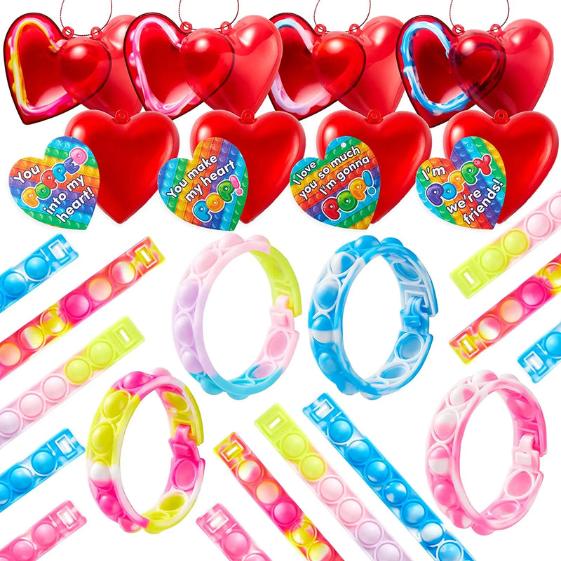 28Pcs Filled Heart with Bracelet and Valentines Day Cards for Kids-Classroom Exchange Gifts
