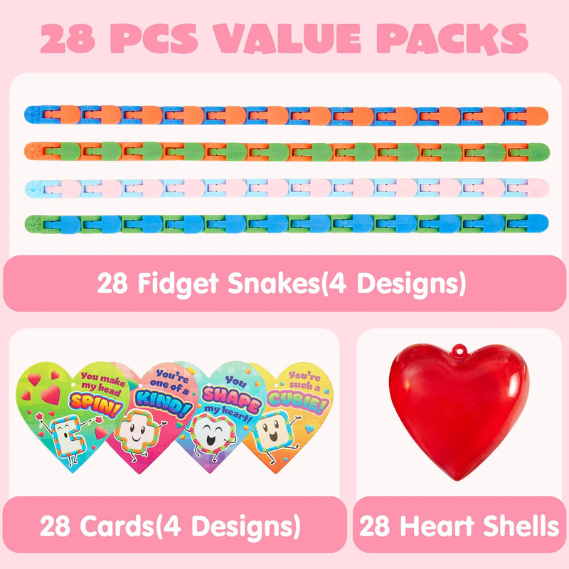 28Pcs Filled Hearts with Snake Cube and Valentines Day Cards for Kids-Classroom Exchange Gifts