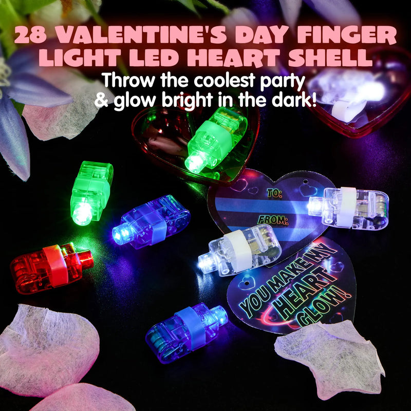 28Pcs Finger Light LED Heart Shell Filled Hearts with Valentines Day Cards for Kids-Classroom Exchange Gifts