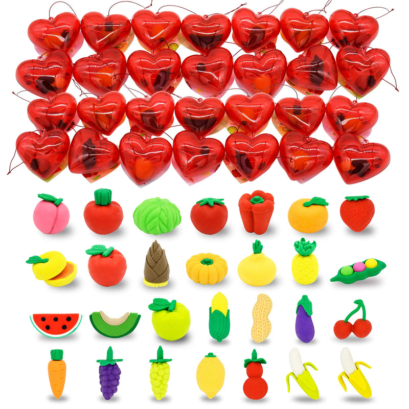28Pcs Fruit and Vegetable Eraser Filled Hearts Set with Valentines Day Cards for Kids-Classroom Exchange Gifts