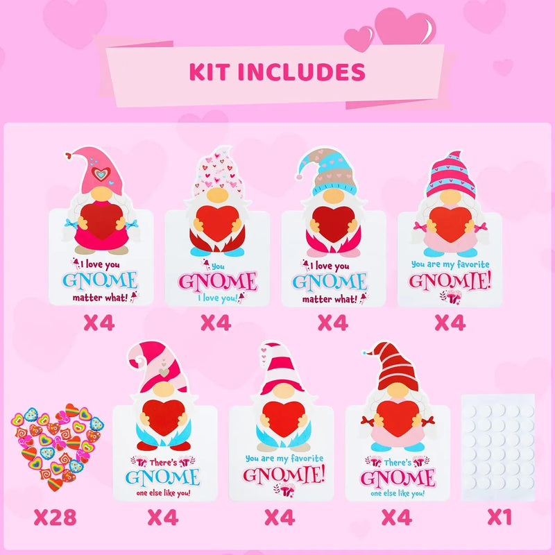 28Pcs Gnomes Heart Kids Valentines Cards with Erasers-Classroom Exchange Gifts