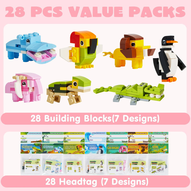 28Pcs Kids Valentines Cards with Animal Building Blocks-Classroom Exchange Gifts