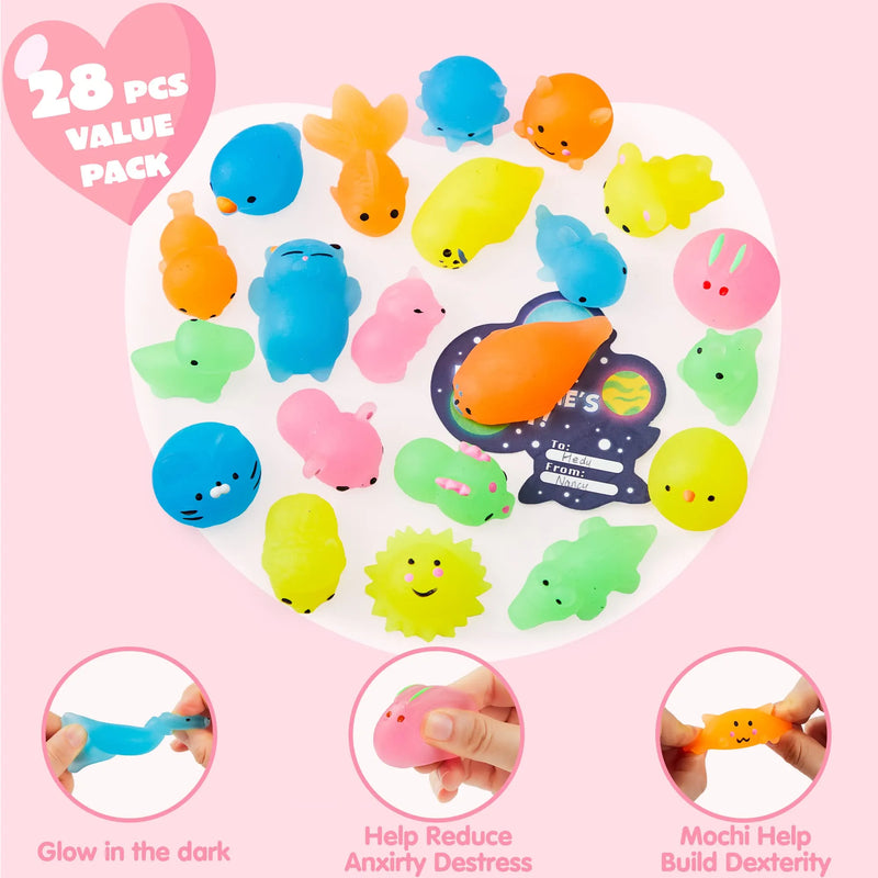 28Pcs Kids Valentines Cards with Glow In The Dark Mochi Squishy-Classroom Exchange Gift