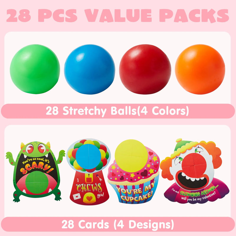 28Pcs Kids Valentines Cards with Mini Squeeze Balls Set-Classroom Exchange Gifts