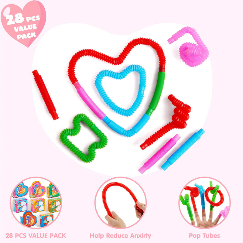 28pcs Valentines Tube Toys with Heart Boxes for Valentines Party Favors