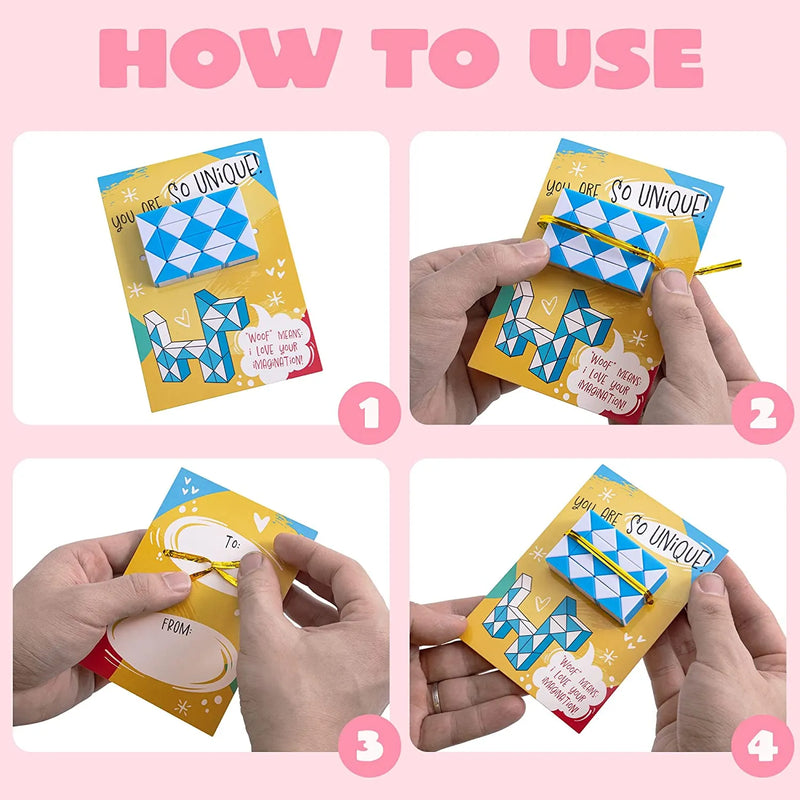 Card Cuzzies 28Pcs Kids Valentines Cards with Snake Cube Twist Puzzles Toys-Classro