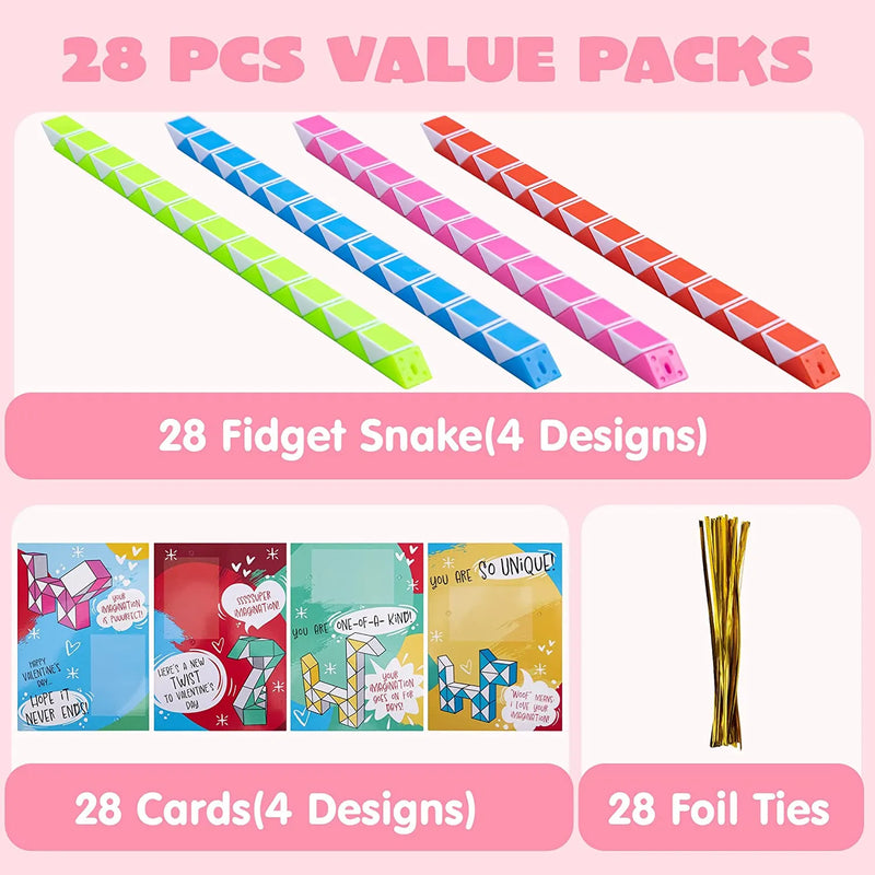 28Pcs Kids Valentines Cards with Snake Cube Twist Puzzles Toys-Classroom Exchange Gifts