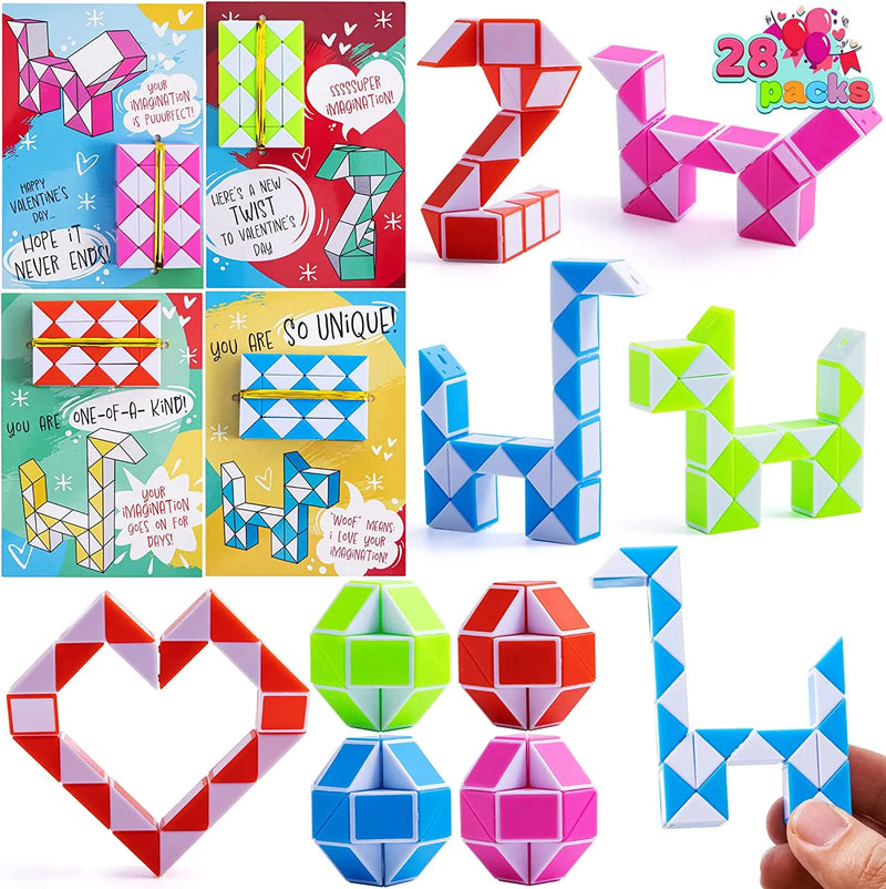28Pcs Kids Valentines Cards with Snake Cube Twist Puzzles Toys-Classroom Exchange Gifts
